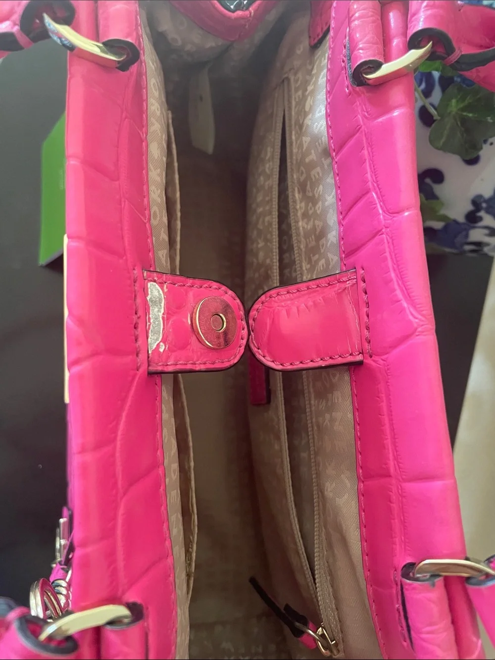 kate spade Hot Pink Croc-Embossed Satchel with Charm